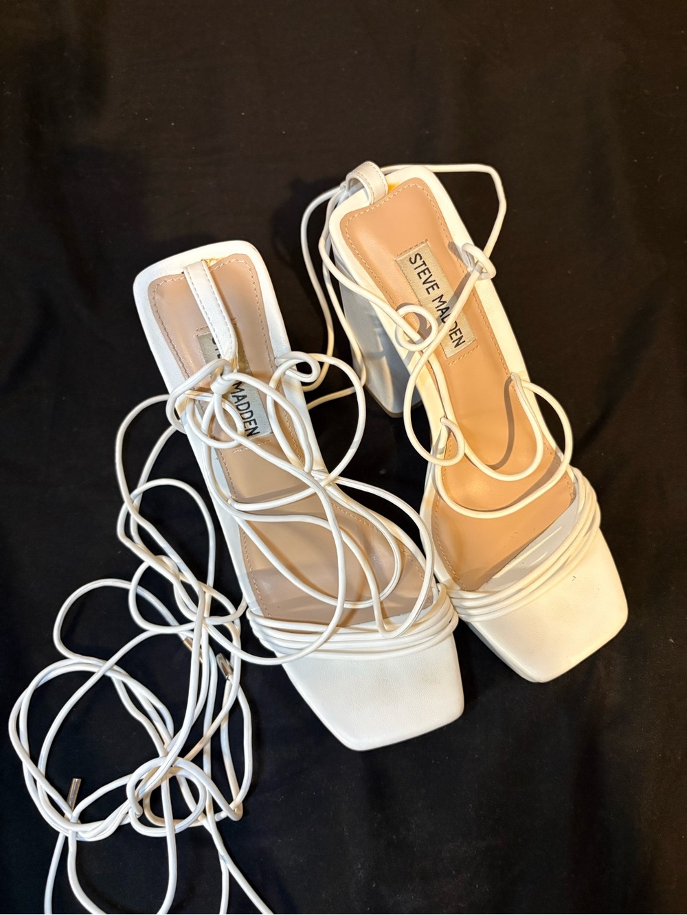 Steve Madden White Lace-Up Square Toe Block Heel Sandals